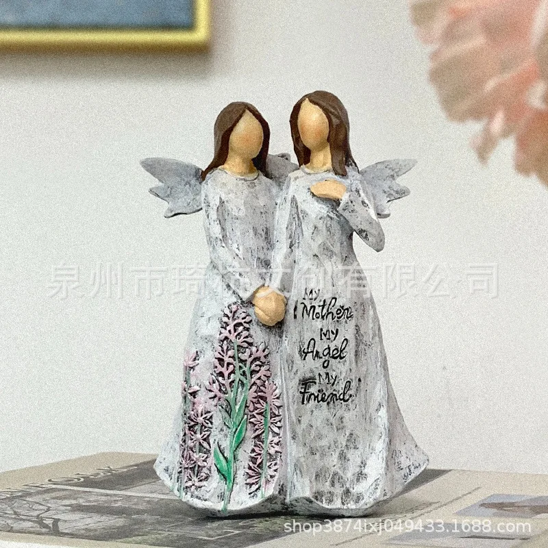 Angel Sister Figurine for Home Decor Farmhouse Style Living Room Bedroom Entryway TV Console Table Decoration Trendy Cross