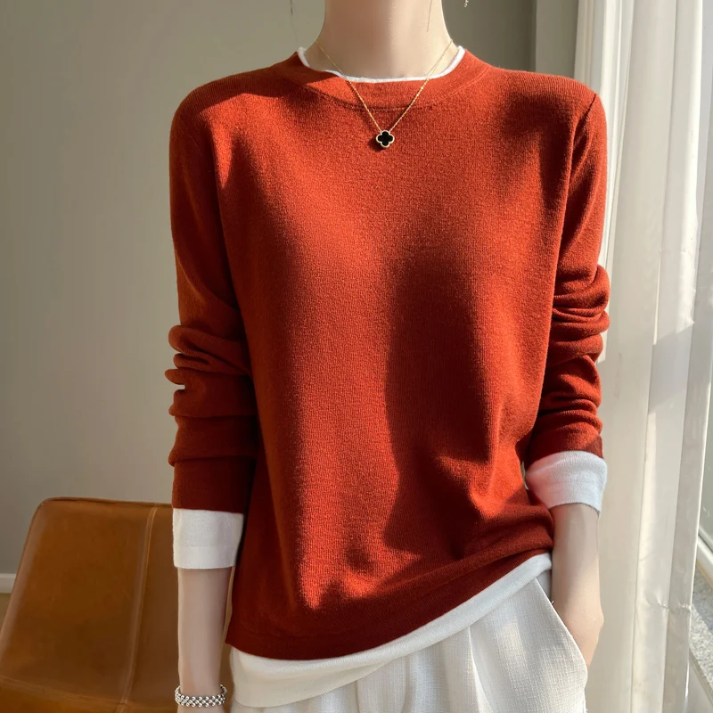 100% Wool Spring New O-neck Sweater Women Fashion Solid Fake Two Pieces Autumn Basic Top Loose Knit Long Sleeve Female Pullover