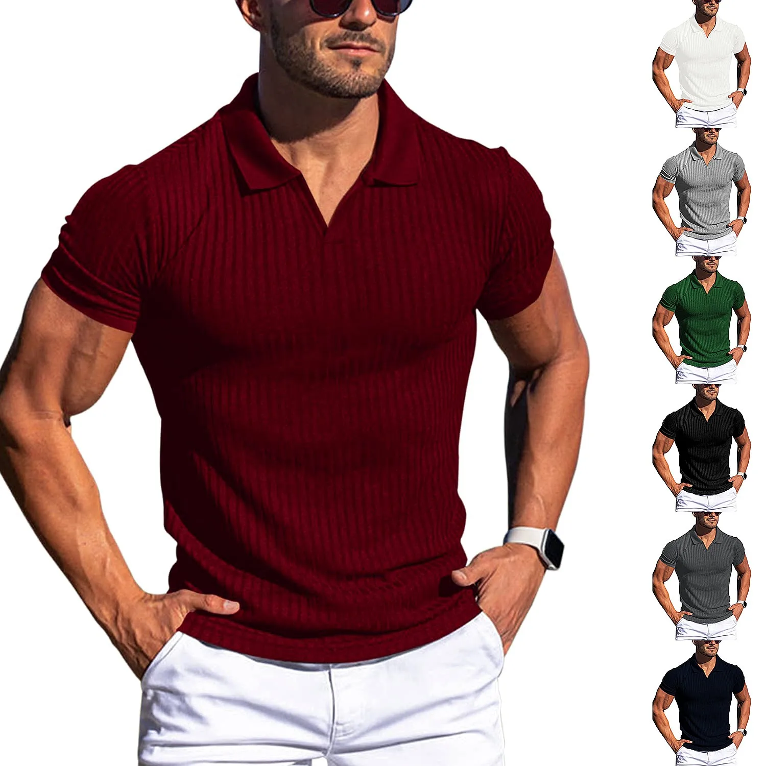 Men's Summer Outdoor Sports Striped Short Sleeve V Neck Casual Tees Tops Multi Color Shirts