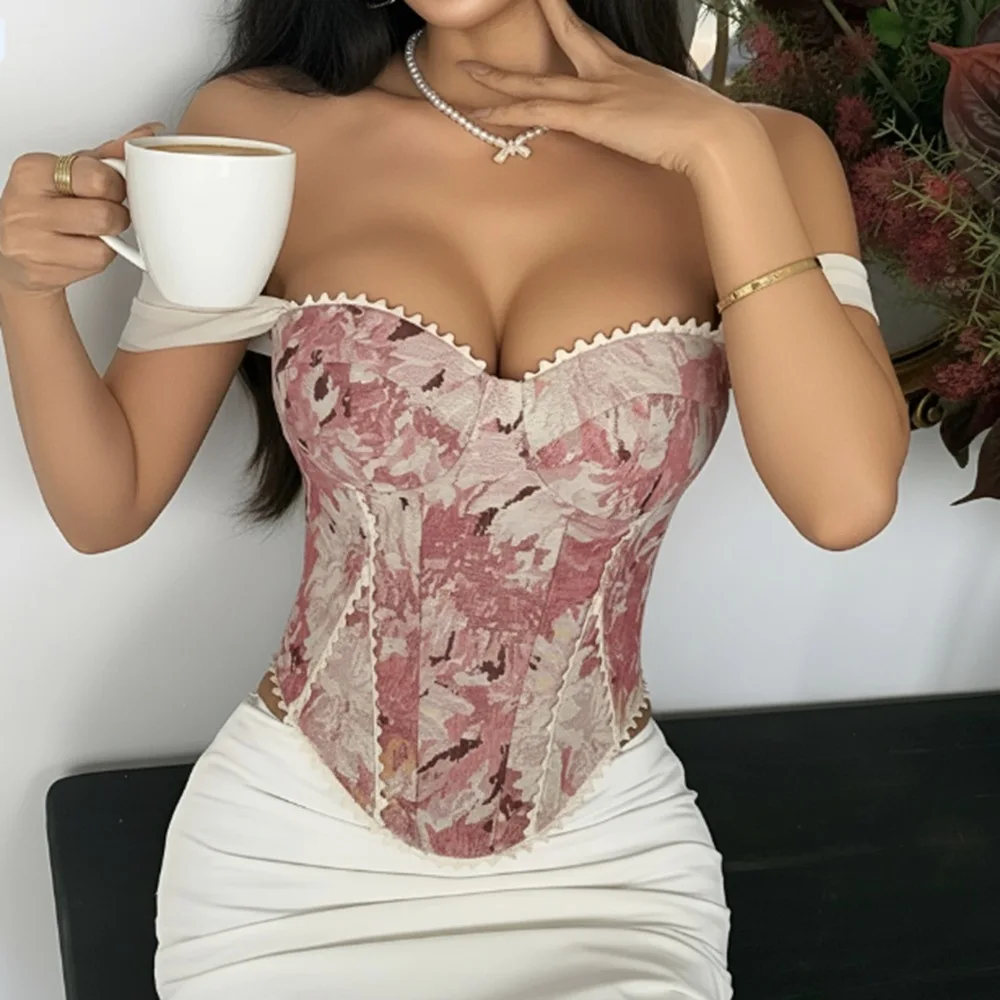 Fashion Printing Corset Tank Top Sexy Back Criss Cross Bandage Night Club Party Slim Fishbone Camisole Women Clothing Outfits