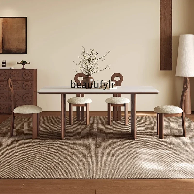 ls 42New French dining table rectangular pure white rock slab retro home solid wood dining table and chairs