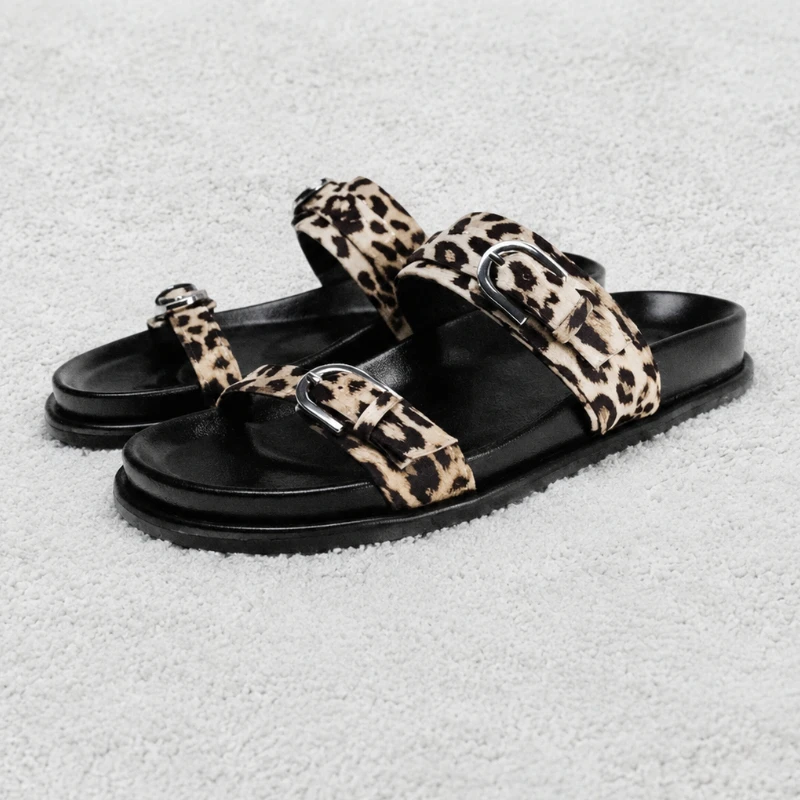Women's Leopard Print Platform Sandals 2026 Summer Chunky Double Buckle Design Casual Beach Shoes Open Toe Flat Footwear