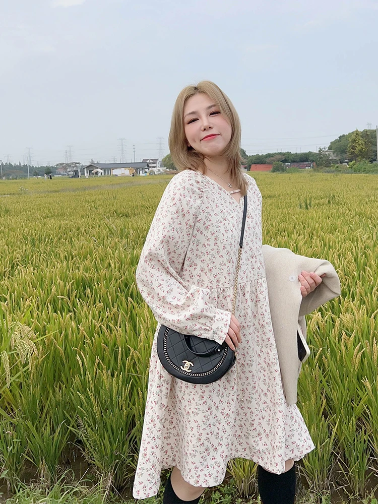 

Платье Vogana Original, свободного кроя, с цветочным принтом, для женщин, с высокой талией, А-силуэт, миди, корейский стиль, для офиса, стройнящее фигуру