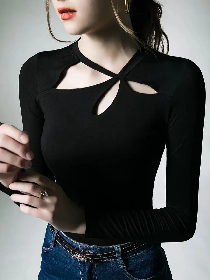 Spring Autumn Modal T-shirts Women Long Sleeve Irregular Collar Hollow Out Tees Shirts Female Base Tops