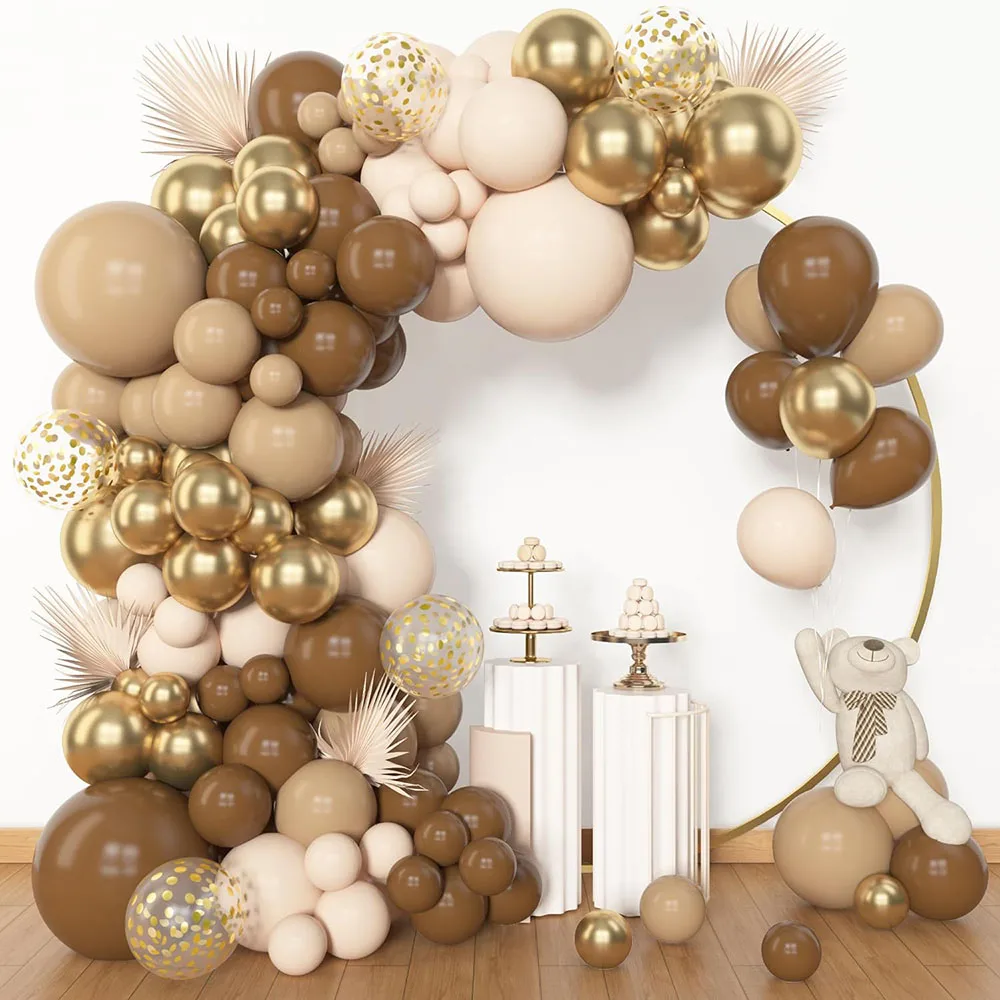 153 Pieces Brown Balloon Garland Arch Set, Different Sizes 18 12 10 5inch Brown Nude Latex Metal Confetti Gold Balloon Suitable for Unisex Bear Baby