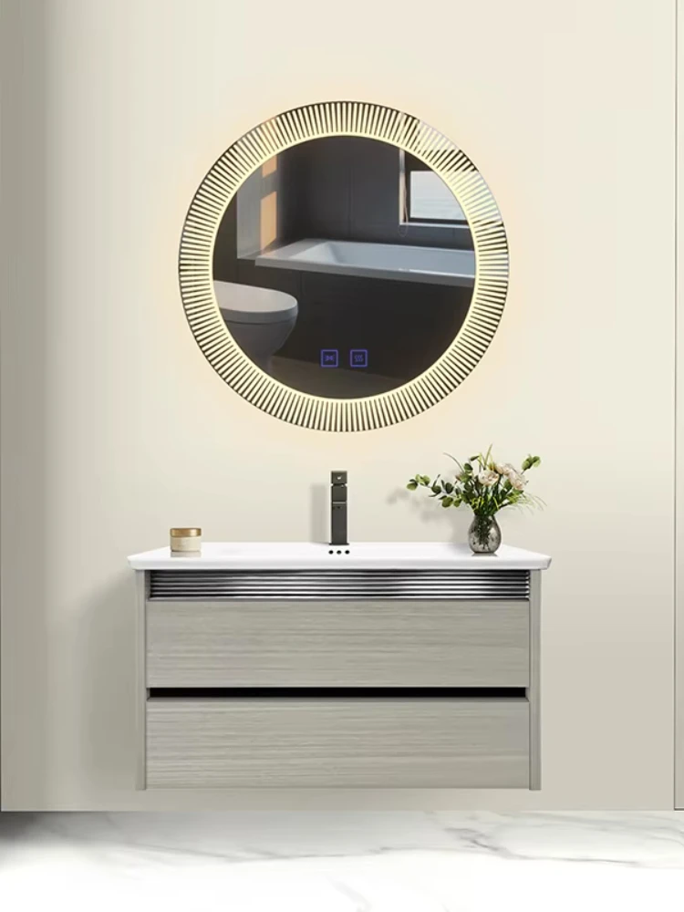 Three-color light wall-mounted defogging smart mirror ceramic wash basin wall-mounted bathroom cabinet