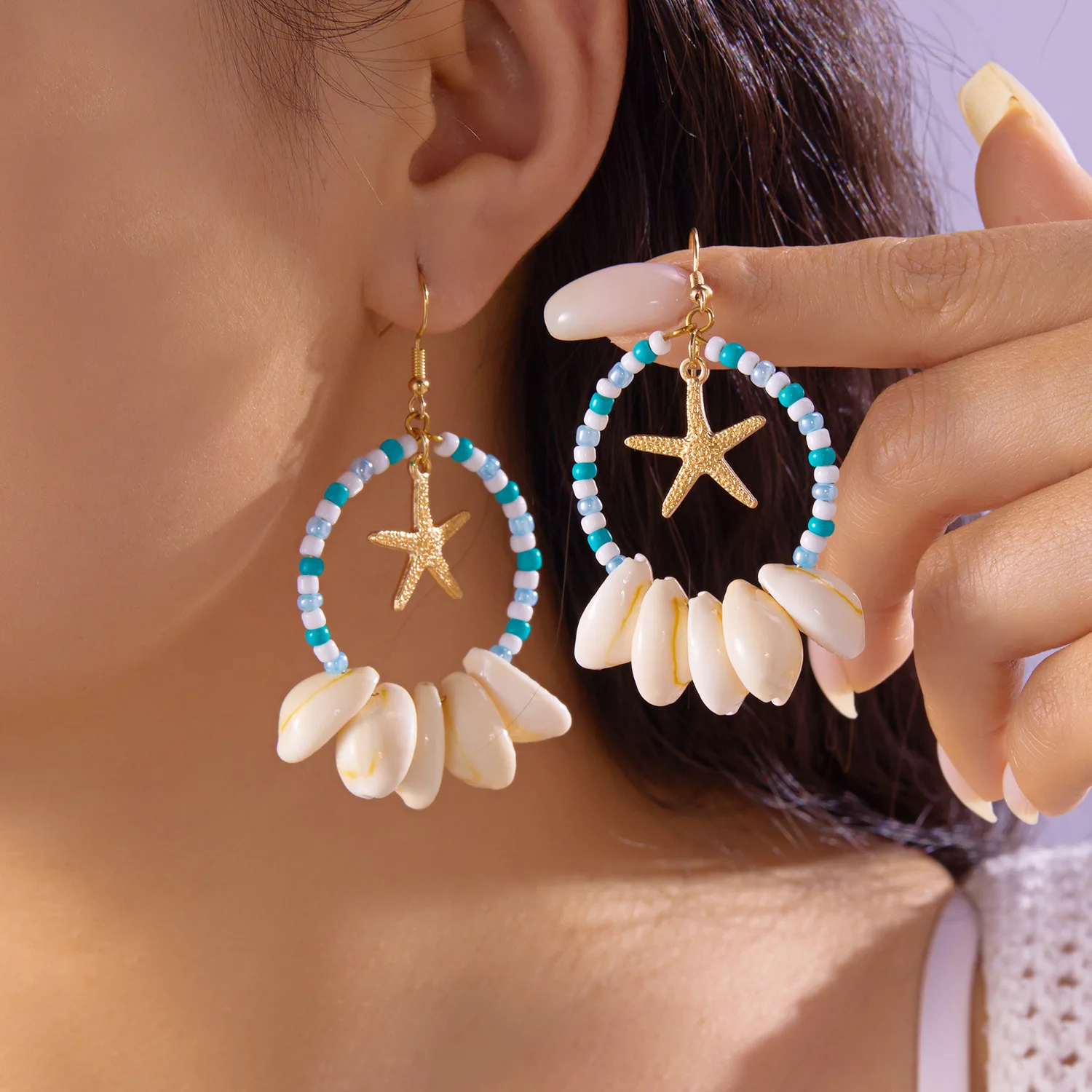 

Starfish Shell Dangle Ring Earrings for Women Fashion Ocean Vacation Gold Color Geometric Earrings Summer Beach Jewelry Gift