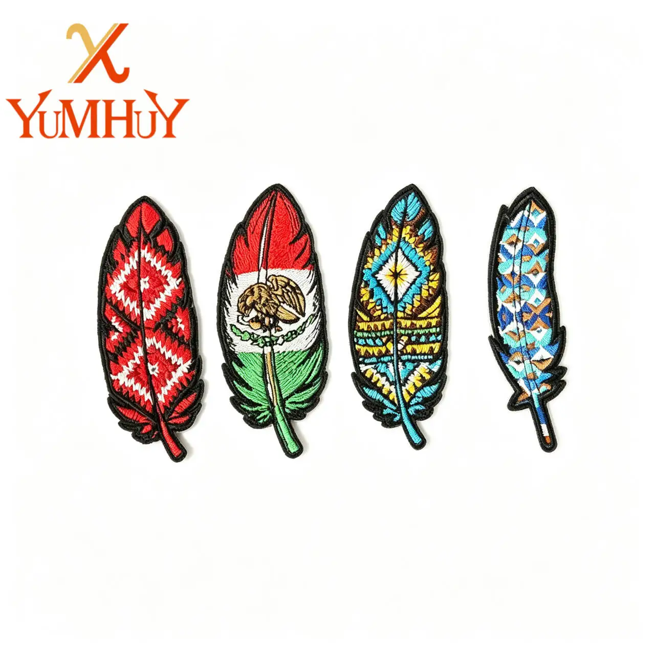 Boho Ethnic Feather Embroidery Patches 4pcs Vintage Geometric Iron-on Patches for Clothes Backpack DIY Craft Decor