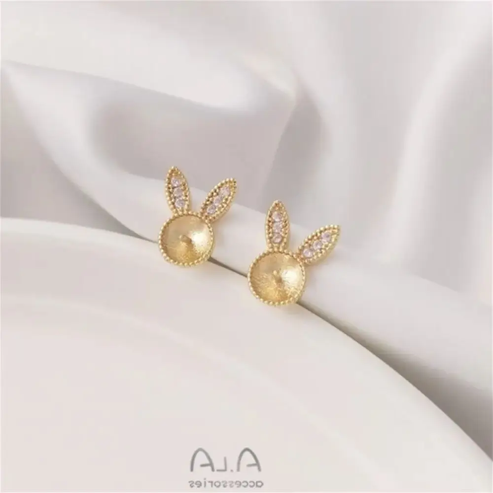 

925 Silver Needle Cute Rabbit Head Zircon Rabbit Ears Half-hole Beaded Earrings 14K Gold Diy Earrings Accessories E197