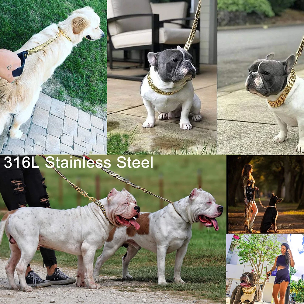 Heavy Gold Dog Leash, Stainless Steel Dogs Chain, Comfortable PU Leather, Strong Pet Link Chain for Big Dogs, 32mm Width
