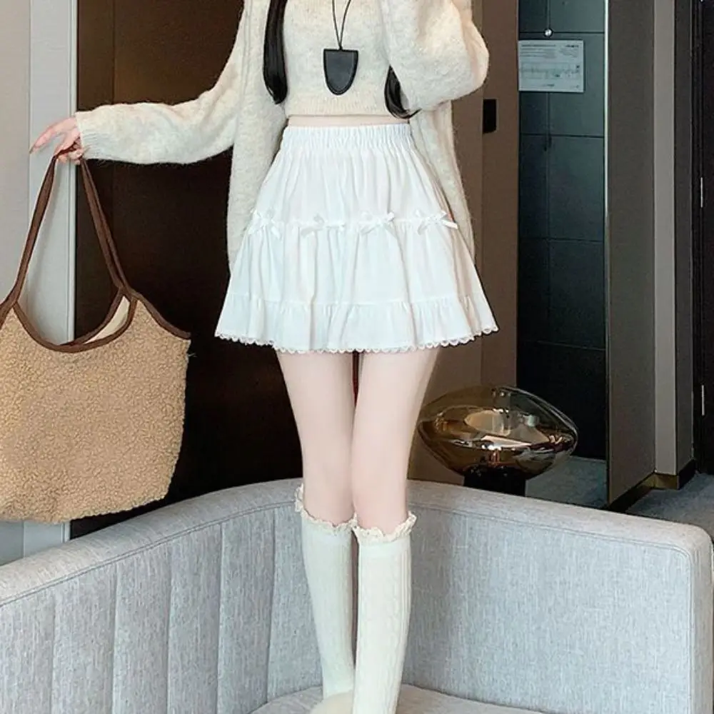 High Waist Girls Short Mini Skirt with Safety Pants Loose Bowknot A-line Skirt Ruffle Cake Dress Lace Pleated Mini Skirts Lady