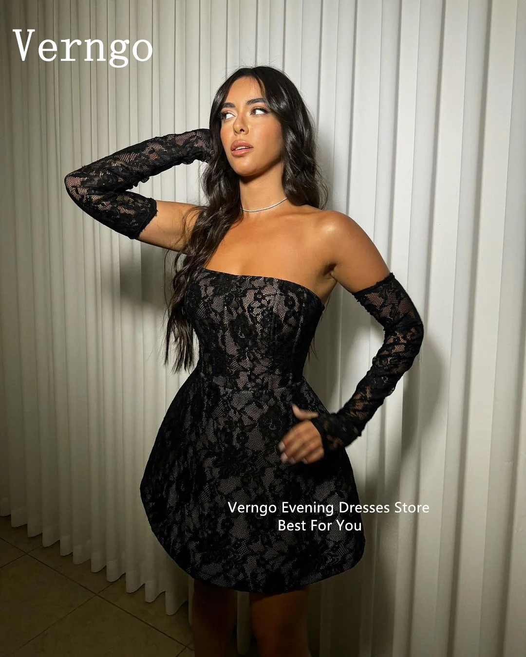 Verngo Black Lace Mini Prom Dress Strapless A Line Sexy Short Cocktail Dress For Women Elegant Night Club Birthday Party Dress