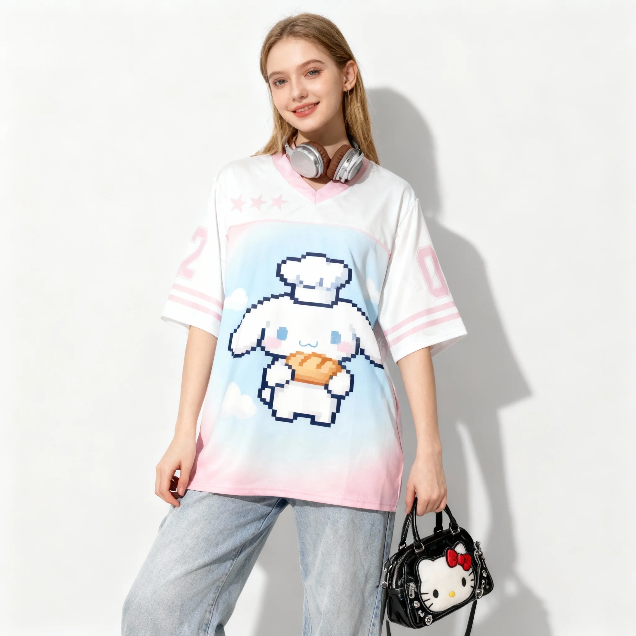 جديد سانريو الأسرة مرحبا كيتي كبير الأذن الكلب قميص الحلو وبارد الشارع الأمريكي الصيف تي شيرت المتضخم المرأة الكبار الأعلى #2