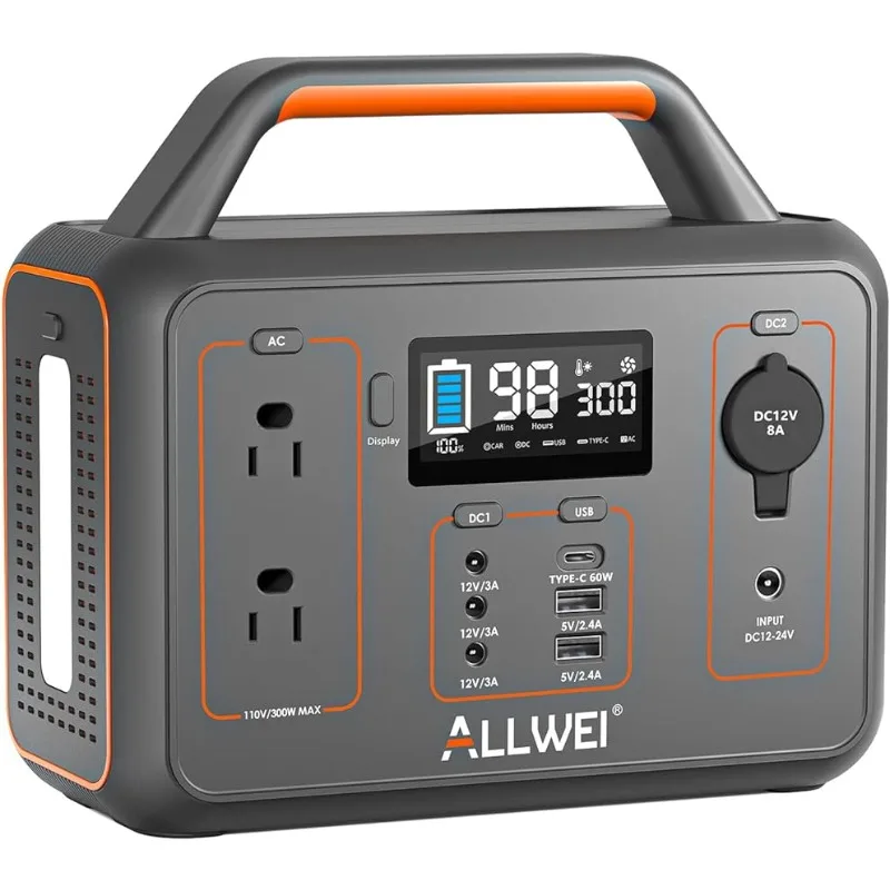 ALLWEI Portable Power Station 300W(Peak 600W), 280Wh Solar Generator with USB-C PD60W, 110V Pure Sine Wave AC Outlet