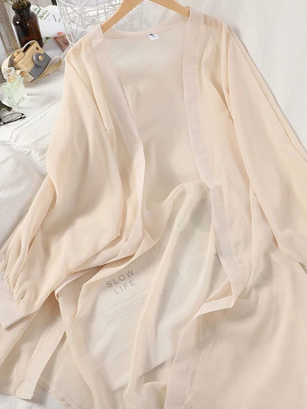 

Korean Sle Comfortable Loose Women's Sun Protection irt Long Sve V-Ne Pure Color Chiffon Outerwear Faion Summer