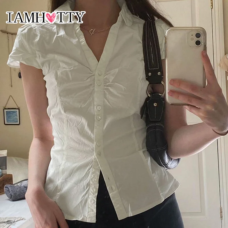 IAMHOTTY French Style Button-up Blouse Women\'s Summer Shirts Summer Chic Elegant Slim-fitting Tops Casual Basic Streetwear Y2K