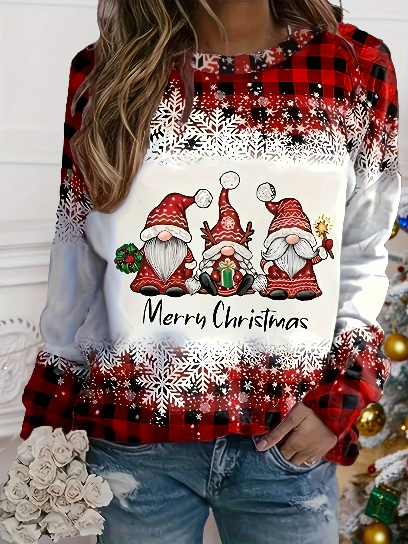 Plus Size Merry Christmas Gnome Print Plaid Sleeve Top Festive Holiday Long Sleeve Women's Shirt Cozy Winter Style