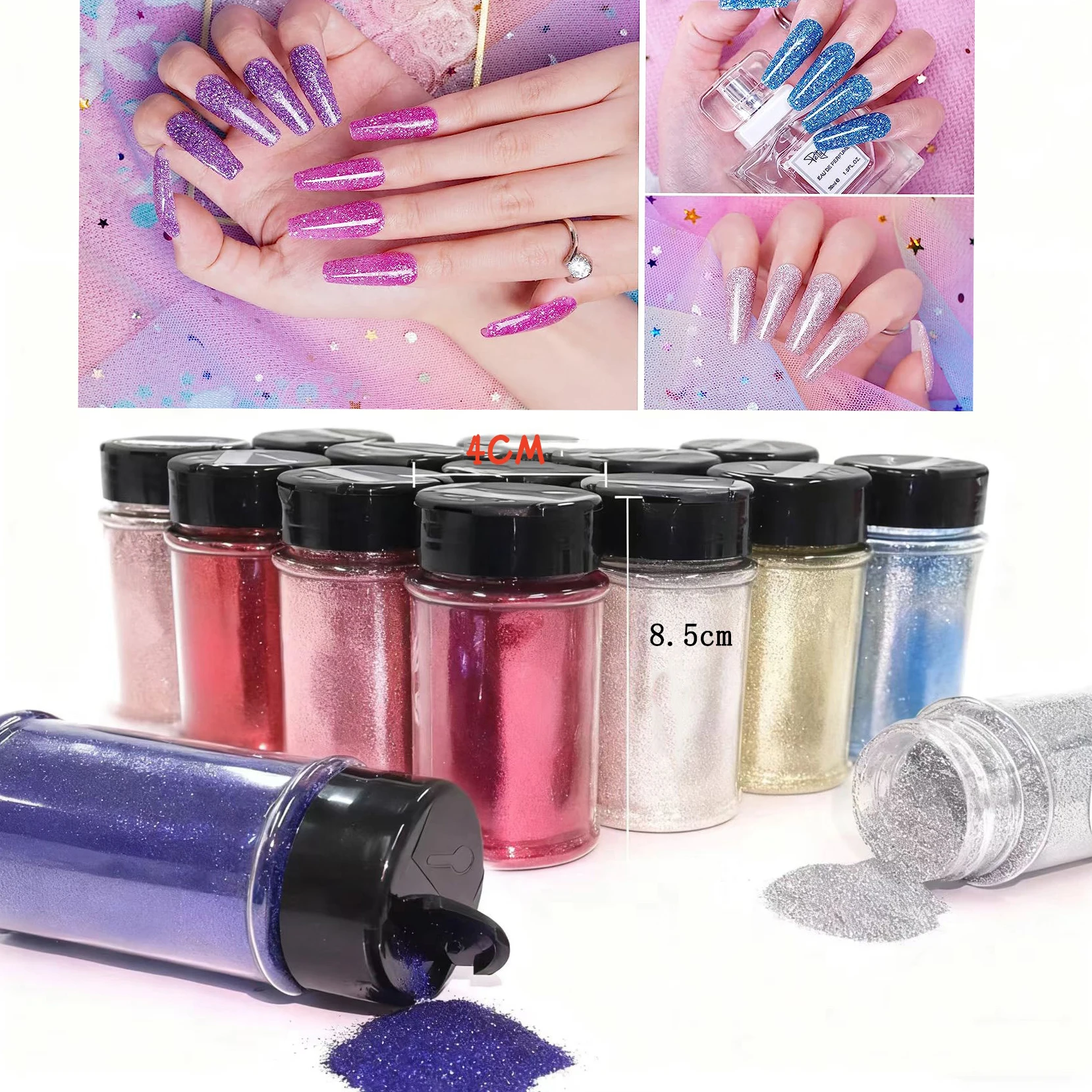 4 Colors Nail Glitter Set, 1.94oz(55g) X 4 Blak, Purple, Black, Silver PET Flakes Sequins 1/128" Powder for Euphoria Party