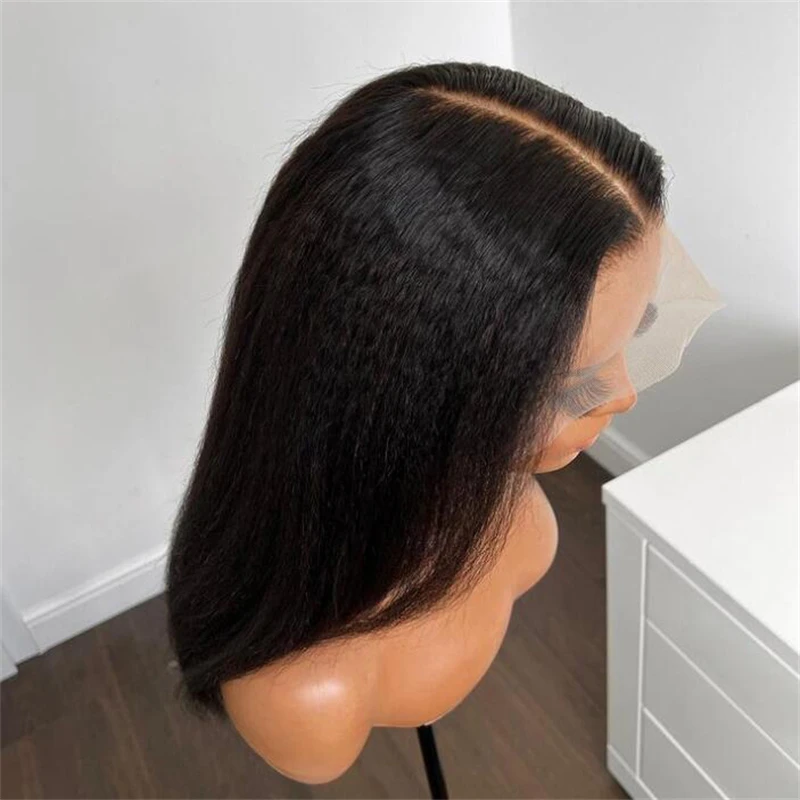 Deep Yaki Long Balck 180Density 26inch Soft Kinky Straight Lace Front Wig For Women with Babyhair PrePlucked Daily Glueless Wigs