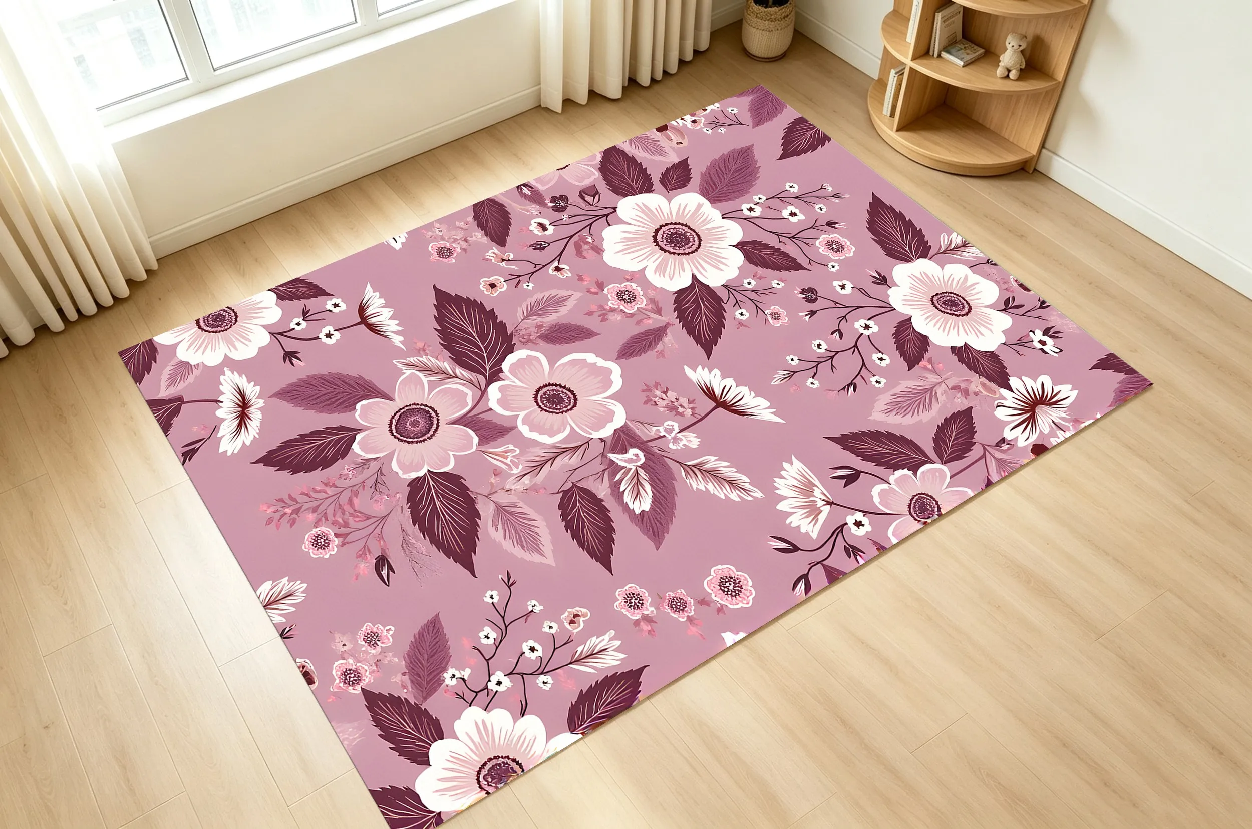 Smoky White Floral Velvet Rug for Valentine's Day & Spring, Sweet Girlish Decor for Bedroom & Living Room