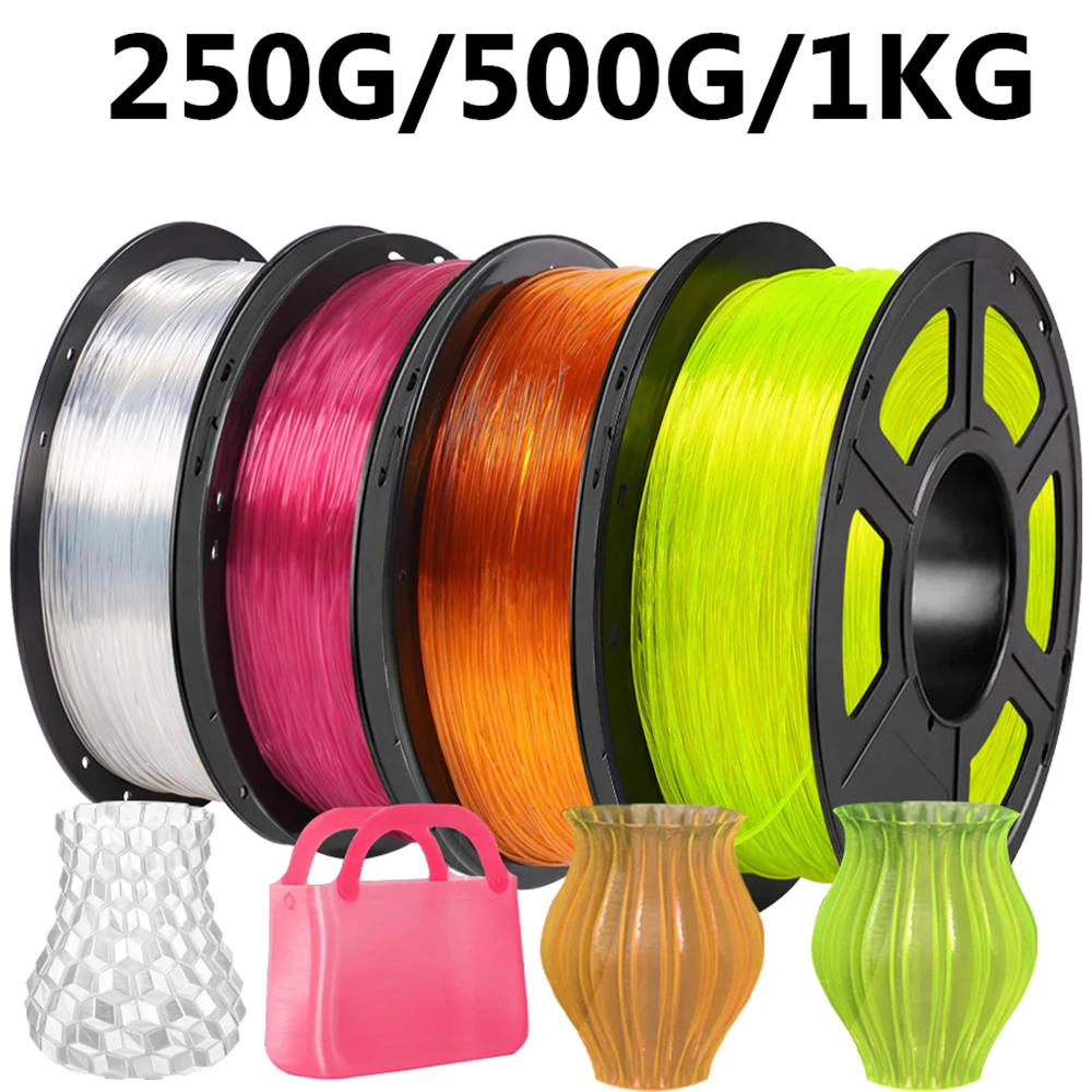 

1.75mm TPU Transparent Rose Orange Yellow 3D Printer Filament 250g 500g 1kg Dimensional Accuracy +/-0.03mm, Flexible Filament