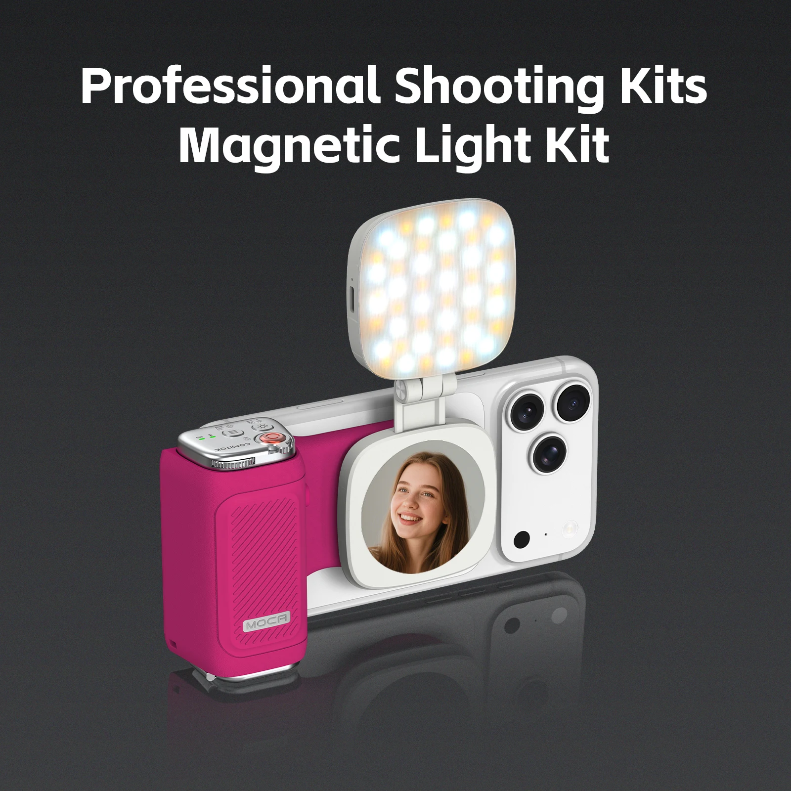 قبضة تصوير كوميتوك موكا آيفون، جهاز تحكم عن بعد بلوتوث قابل لإعادة الشحن قابل للفصل، مصراع DSLR/قفل تركيز + ضوء ملء اختياري/مرآة
