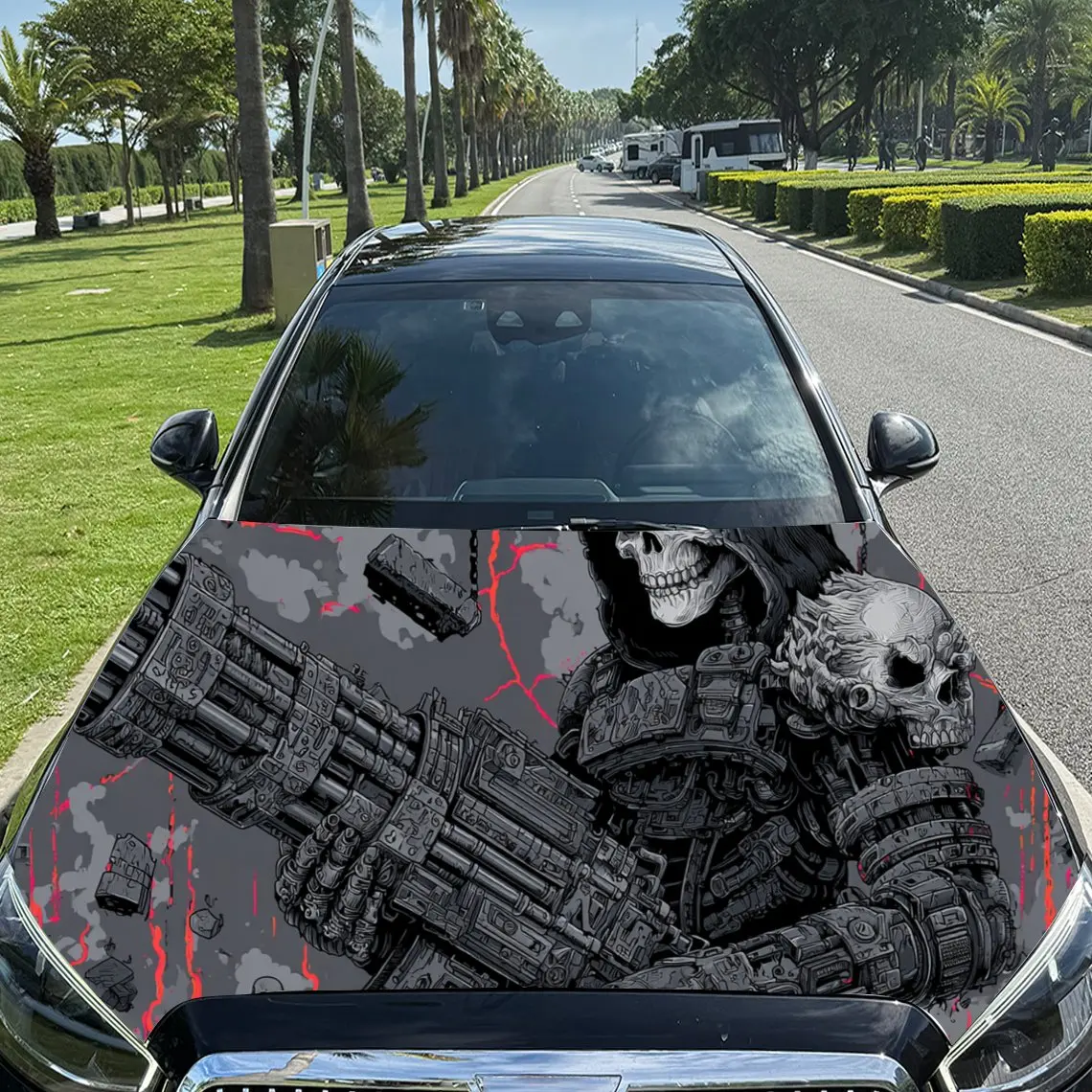 غامض الخيال العلمي - Fi الميكانيكية الجمجمة PVC محرك السيارة يلتف الفينيل، ذاتية اللصق للماء غطاء السيارة ملصق لاصق لامع ورائع، ديكور السيارة
