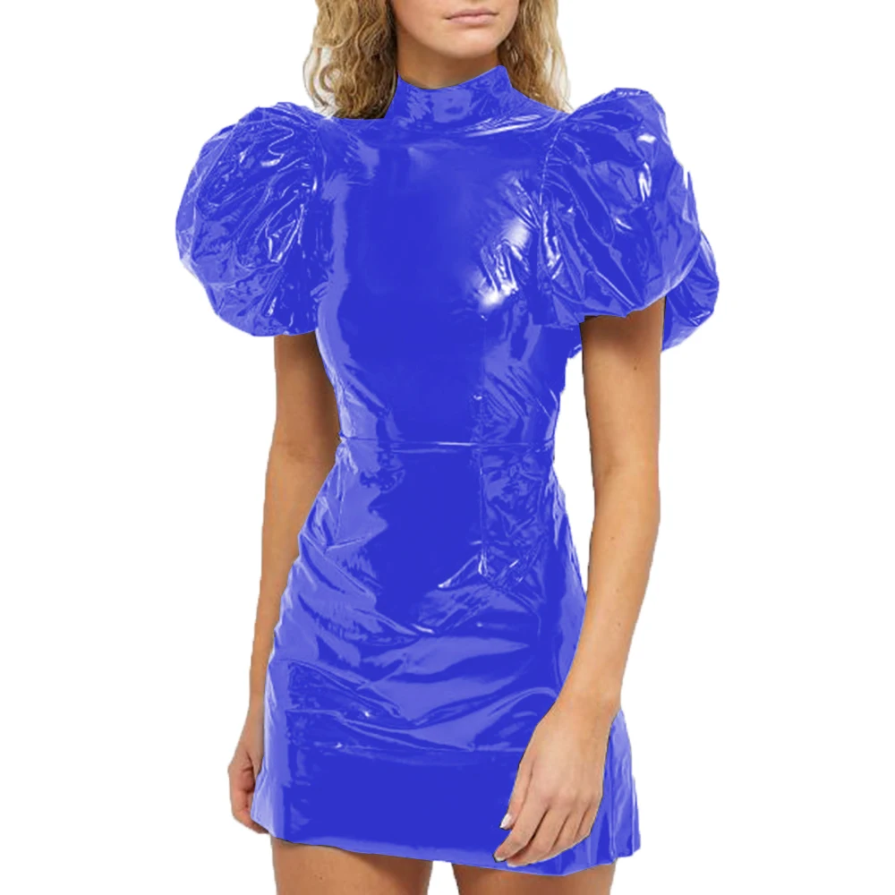 blue ruffle shoulder dress Transparent Plastic PVC Neon Dress, Red / XXL