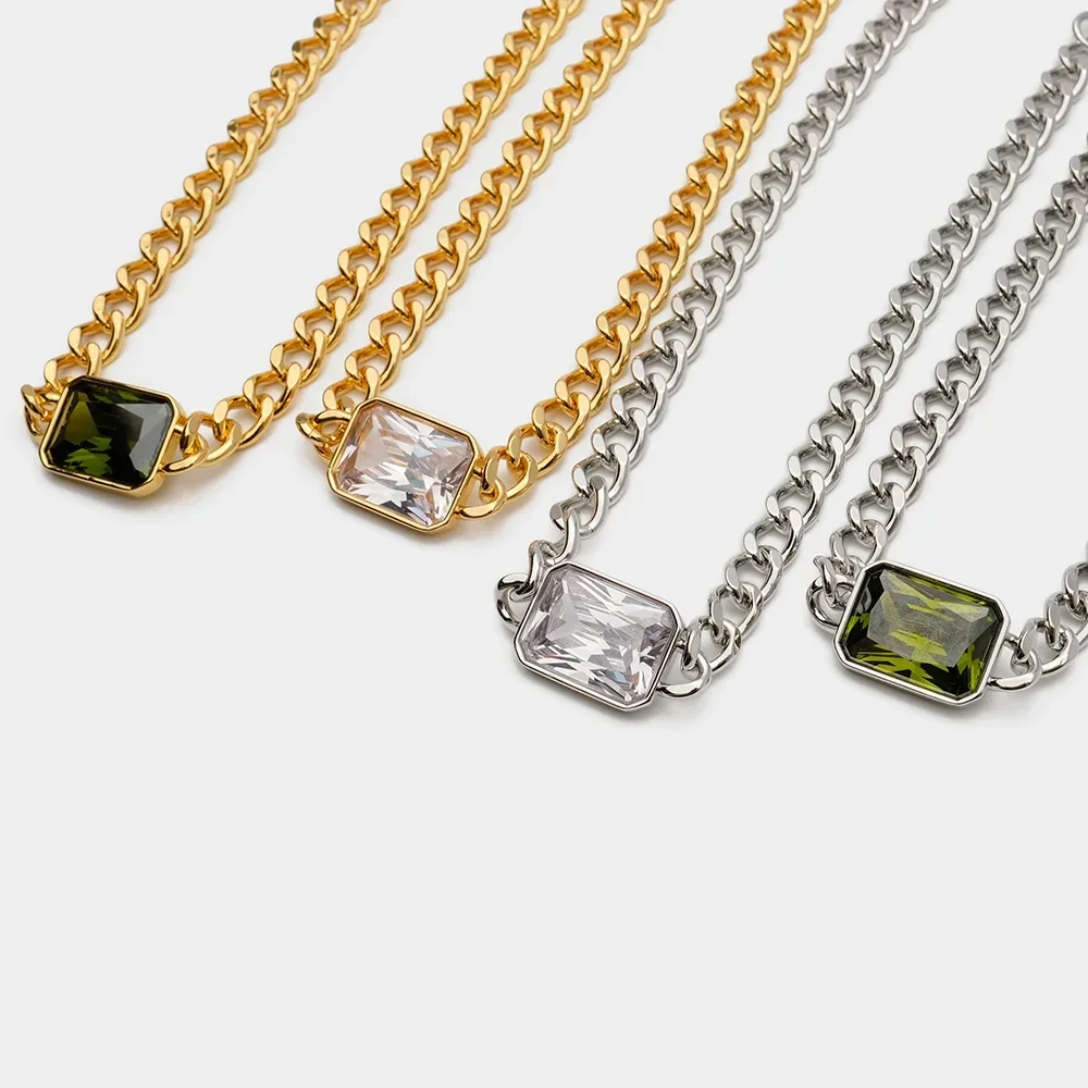 

AB/ Zinc alloy Olive Green with white zircon geometric design Simple trend neutral necklace for men and women.