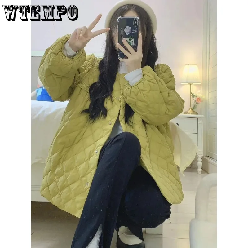 WTEMPO Women's Long Sleeve Padded Jacket Lightweight Puffer Coat Loose Sweet Korean Style Fall Winter Quilted Clothes for Women