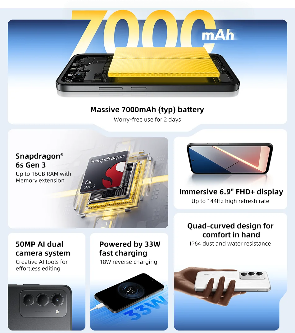 POCO M8s 5G Smartphone Global Version Snapdragon 6s Gen 3 6.9" 144Hz DotDisplay 50MP 7000mAh 33W Fast Chargin NFC
