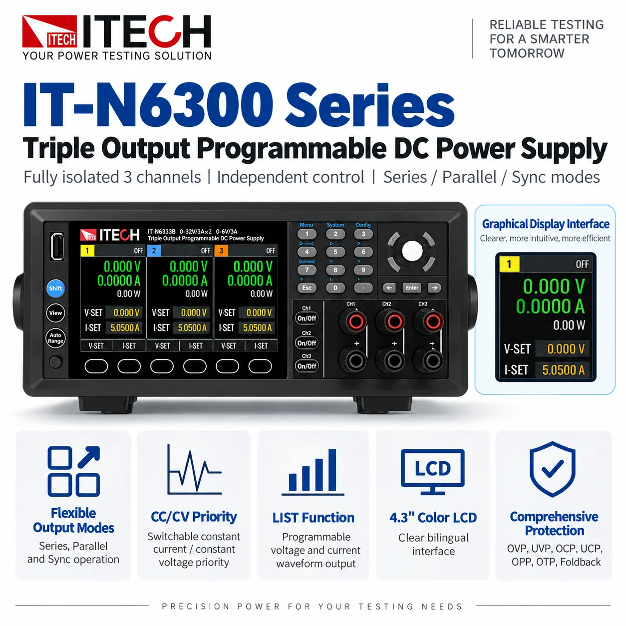 ITECH IT-N6322A IT-N6322B IT-N6333A Triple-Channel Programmable DC Power Supply, Independent Outputs, Series/Parallel, 4.3