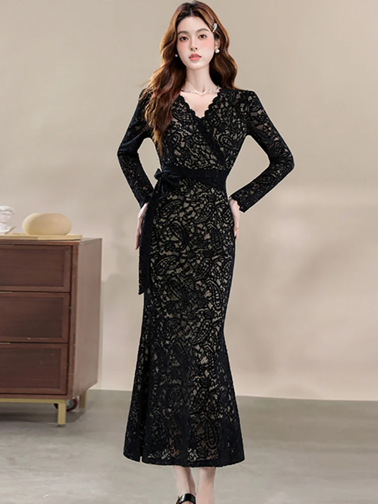 

Осеннее-зимнее черное кружевное жаккардовое платье с длинным рукавом и V-образным вырезом, элегантное женское длинное платье с бантом и завязками, корейское винтажное вечернее платье 2026 года