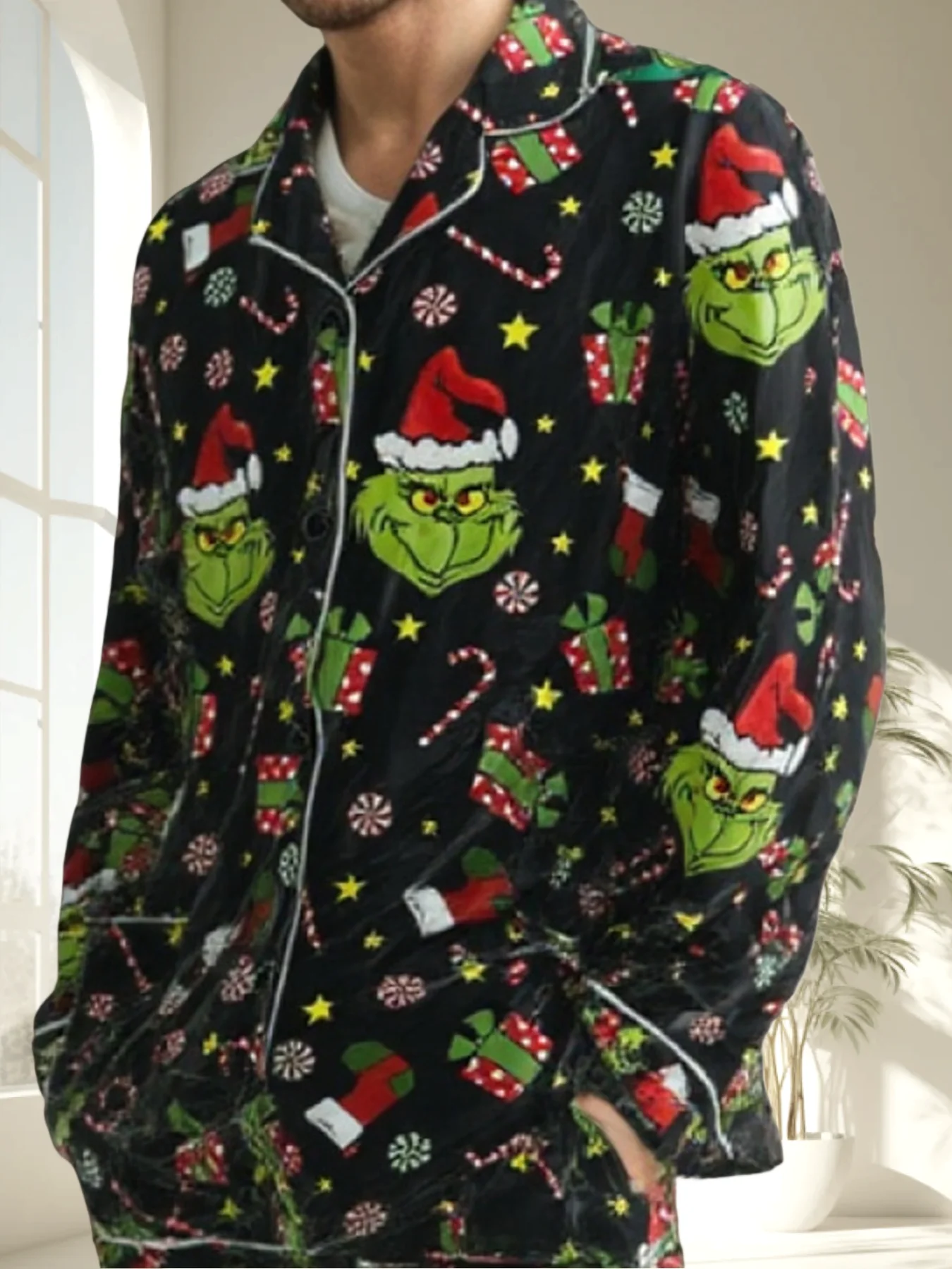 Camicia a maniche lunghe da uomo, set pigiama