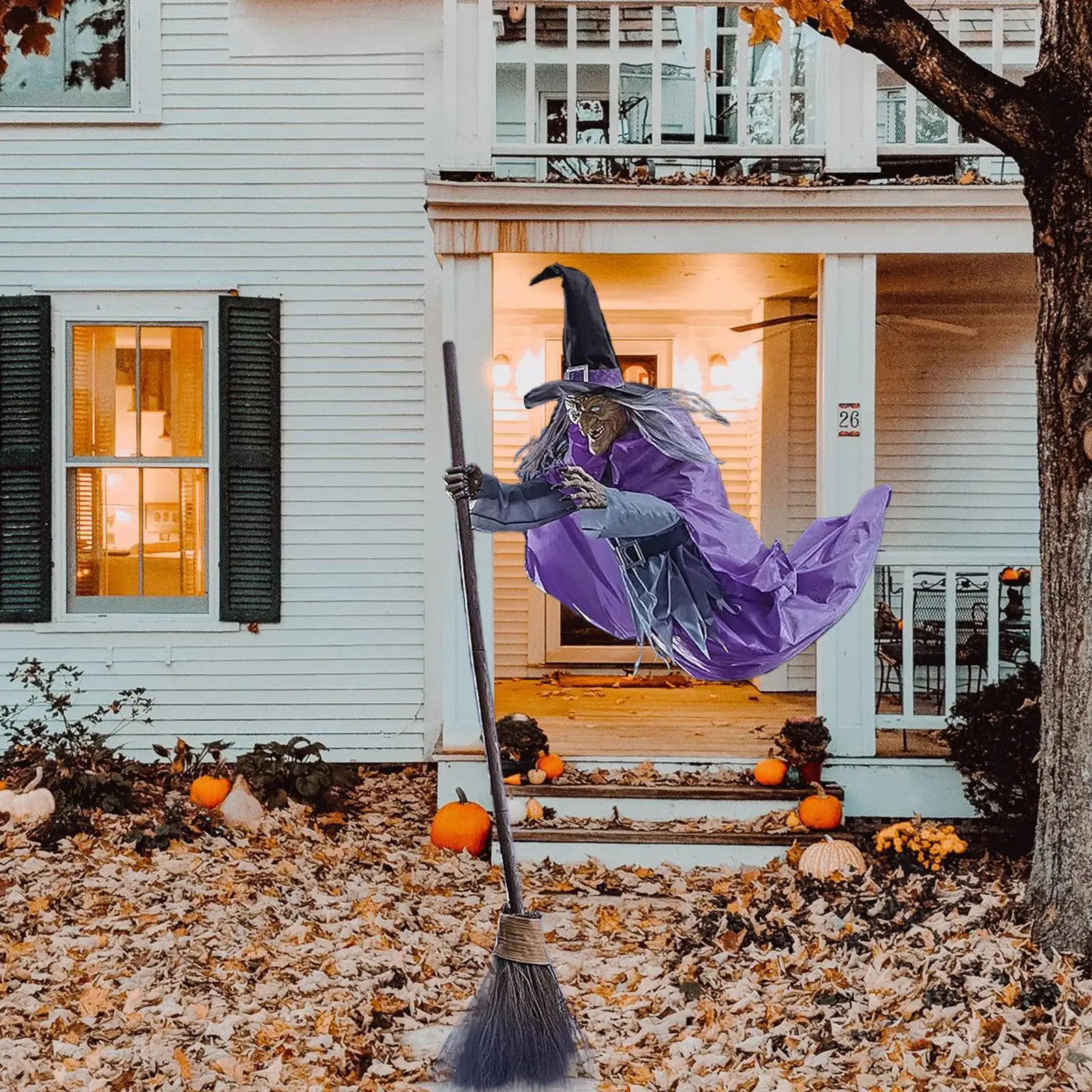 170cm Halloween Flying Witch Decor Halloween Animatronic Witch on Broom with Light-up Eyes and Scary Sound for Yard House Decor view 4