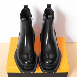 Vintage Luxury Men Chelsea Boots Genuine Leather Thick Sole Side Zipper Work Shoes Motorcycle Boots Business Dress Ankle Boots