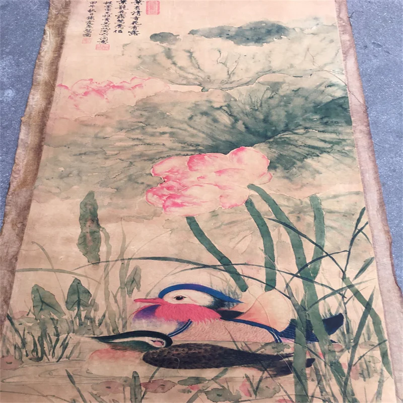 Chinese Old Scroll The works Painter Wu Hufan's Lotus and Mandarin Duck picture , Rice Paper Painting Slice,Decorative Picture