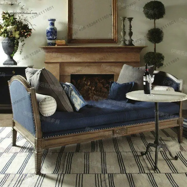 American country retro old living room chaise longue chair, French solid wood sofa bed without backrest