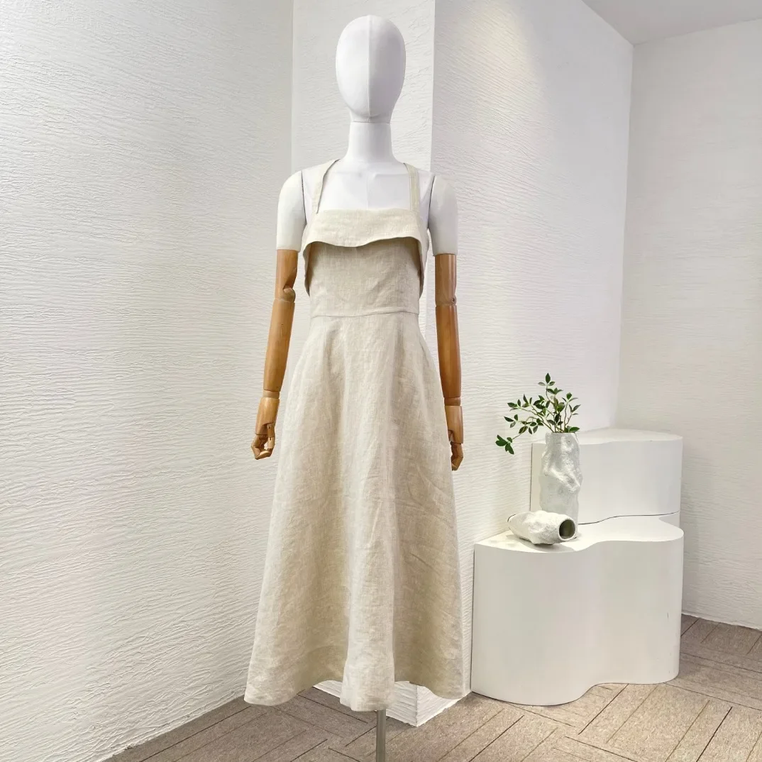 

Female Cotton Sleeveless Solid Sling Back Halter Midi Dress