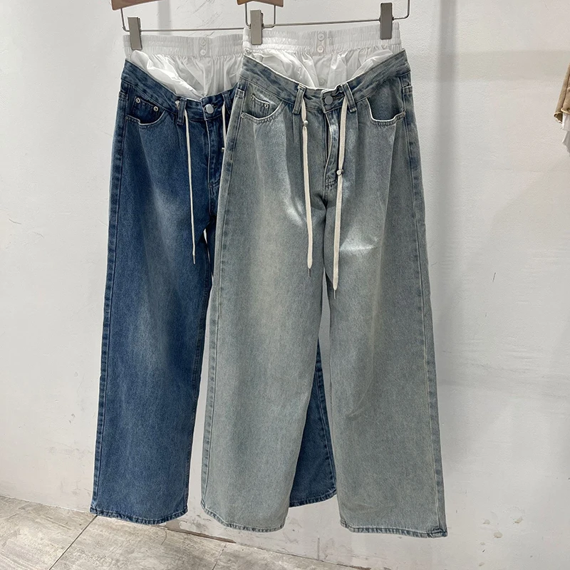 

2024 Spring New Arrival Patchwork Letters High Waist Fake Two Piece Denim Pants Women Blue Jeans