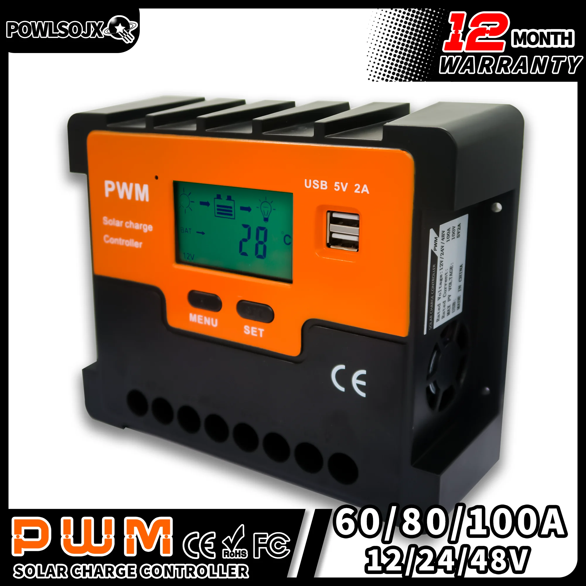 POWLSOJX PWM Solar Charge Controller 12V 24V 48V with USB Port, Negative Ground Battery Intelligent Regulator Compatible