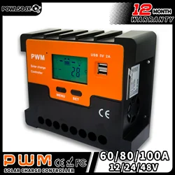 POWLSOJX PWM Solar Charge Controller 12V 24V 48V with USB Port, Negative Ground Battery Intelligent Regulator Compatible