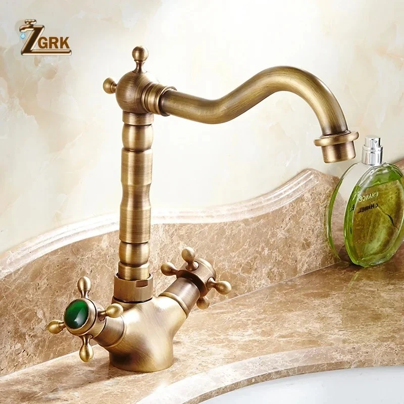 ZGRK Wastafelkraan met dubbele handgrepen Messing Brons Afgewerkt Mengkranen 360-rotatie Antieke wastafelkraan Badrandcombinaties Waterkranen