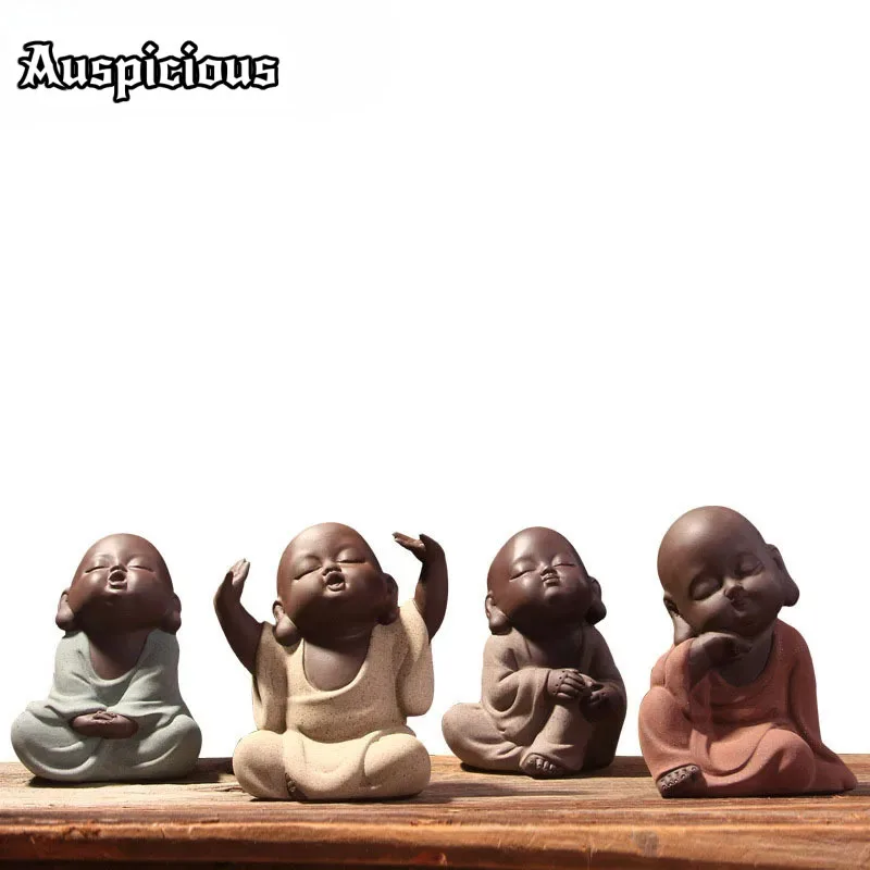 Ceramic Buddha Statue Tea Pet Purple Sand Monk Home Decoration Buddhist Monk Miniatures Ornaments Crafts Buddhism Gift Bonze Zen