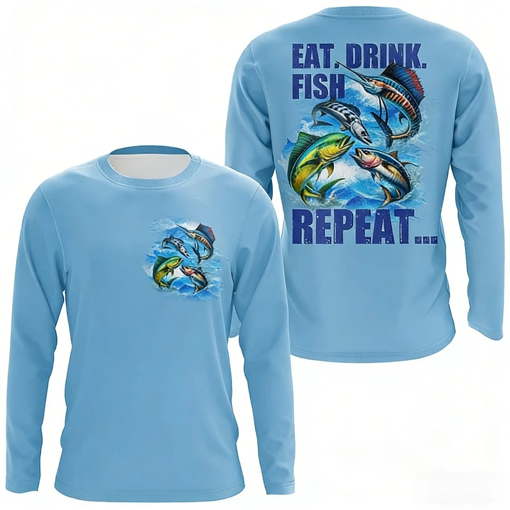Fishing Shirt Compass Design Fashion Lue-White Color Block Print Fishing Top O-Neck Long-Sleeve Comfort Long Sleeve Tops Fashion