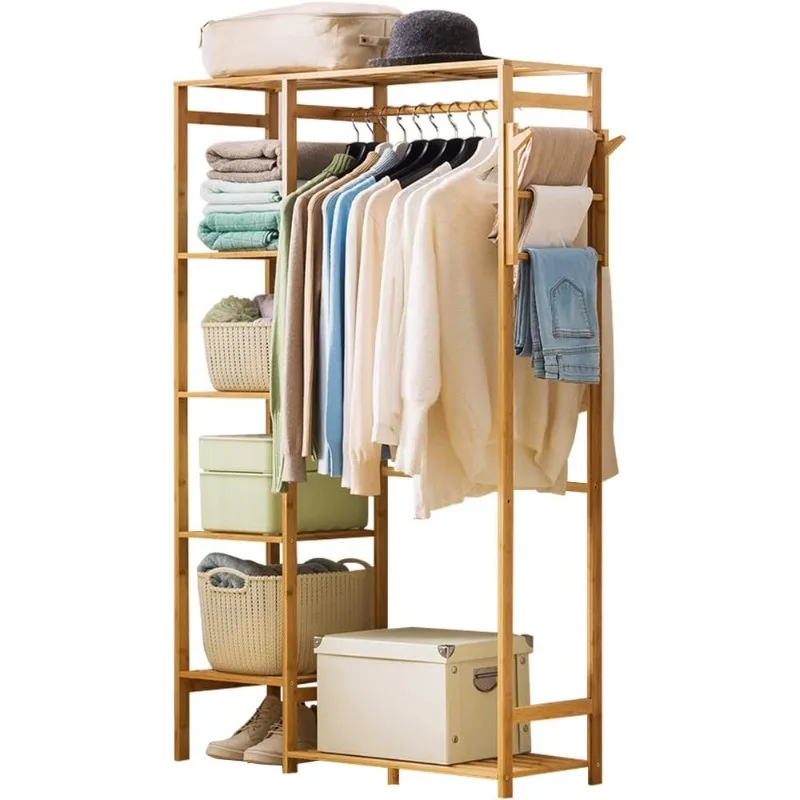 

Bamboo Garment Rack 6 Tier Storage Shelves Clothes Hanging Rack with Side Hooks, Heavy Duty Clothing Rack Portable