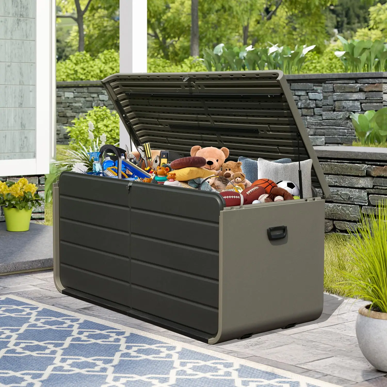 ！@200-Gallon Outdoor Storage Box with Lockable Lid Waterproof and UV-Resistant Deck Box for Patio Furniture and Garden Tools