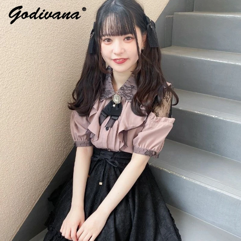 

Rojita Mine Off-Shoulder Lace Stitching Short Sleeve Slim Lolita Shirt Pearl Rhinestone Bowknot Blouses Japanese Women Bow Tops