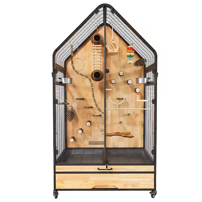 Parrot Luxury Villa Bird Cage Large Space Movable Solid Wood Iron Glass Modern Square Pattern Plastic Metal Nested Bird House