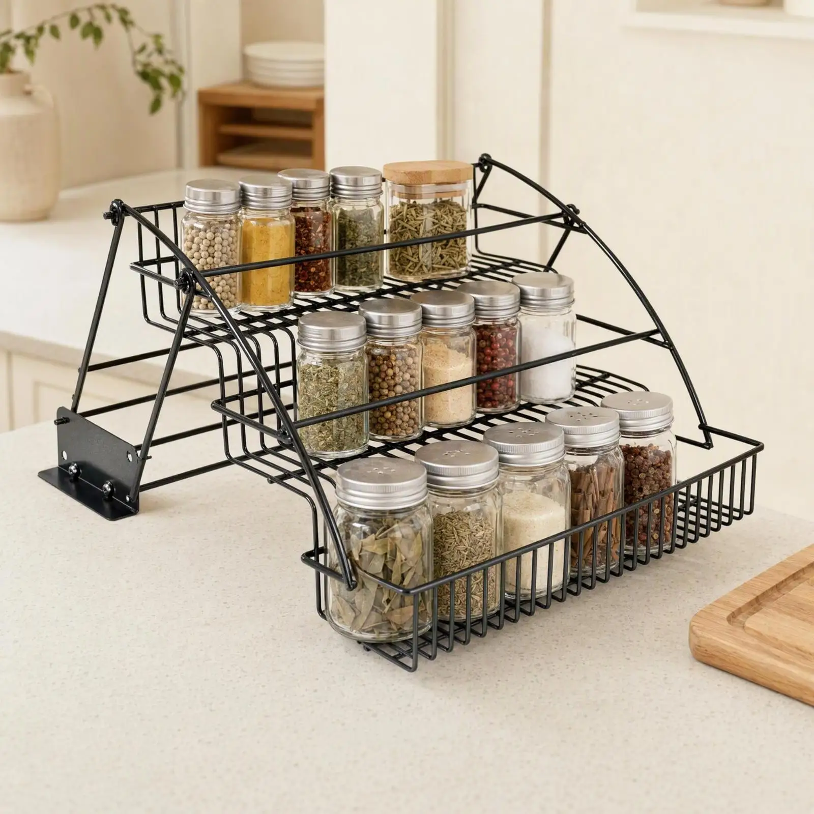 Kitchen Spice Rack Organizer with Carbon Steel Frame and PE Coating for Wall Mounting Cabinet Shelves and Pantry Use